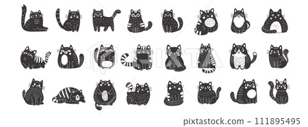 Big set of black cats in linocut style. Cute funny fluffy cats. Perfect for those who appreciate the sweet and whimsical side of feline charm. Vector illustration on a white background. 111895495