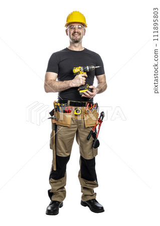 Smiling construction worker with tools 111895803