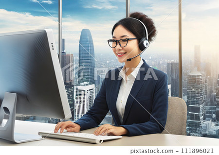 A woman headed to a computer with a headset attached A woman headed to a computer with a headset attached 111896021