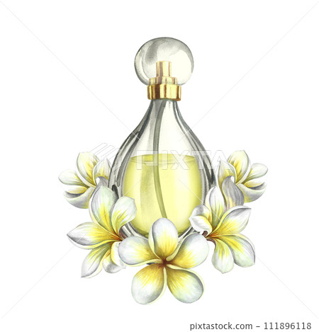A perfume bottle made of transparent glass with plumeria and frangipani flowers. Vintage yellow perfume. A hand-drawn watercolor illustration. For packaging, postcards and labels. For banners, flyers. 111896118