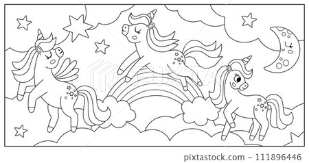Vector black and white background with unicorns, rainbow, clouds, stars. Magic or fantasy world line scene. Fairytale horizontal landscape or coloring page. Cute horse illustration for kids Vector black and white background with unicorns, rainbow, clouds, stars. Magic or fantasy world line scene. Fairytale horizontal landscape or coloring page. Cute horse illustration for kids 111896446