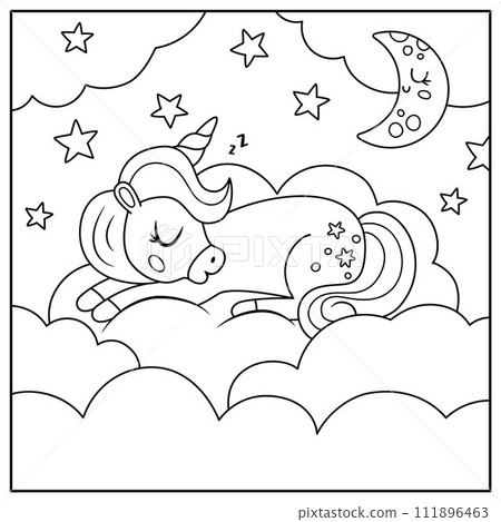 Vector black and white square background with unicorn sleeping on cloud under stars. Magic or fantasy world scene. Fairytale line landscape coloring page. Cute night sky illustration for kids 111896463