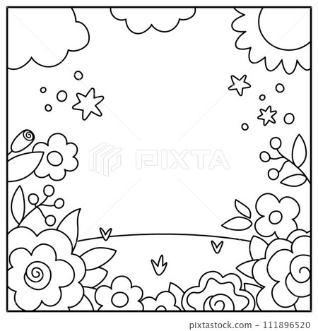 Vector black and white abstract background with flower garden, sun, clouds. Magic or fantasy world line scene. Cute fairytale vertical nature landscape or coloring page. Spring illustration for kids Vector black and white abstract background with flower garden, sun, clouds. Magic or fantasy world line scene. Cute fairytale vertical nature landscape or coloring page. Spring illustration for kids 111896520