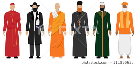 Major religions spiritual leaders with different style clothing, vector illustration set isolated Major religions spiritual leaders with different style clothing, vector illustration set isolated 111896633