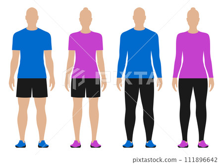 Vector set of athletic men and women dressed in long and short sleeve shirts, pants, and shorts Vector set of athletic men and women dressed in long and short sleeve shirts, pants, and shorts 111896642