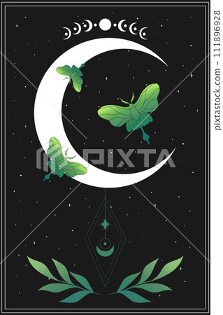 Celestial background with green butterflies, stars and crescent moon. Vector illustration Celestial background with green butterflies, stars and crescent moon. Vector illustration 111896928