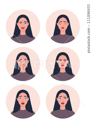 Female with different facial expressions. Young woman is confusing, crying, smiling, scared, angry and laughing. Vector illustration 111896935