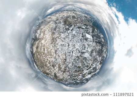 Snow covered mountain village Kyperounta, Cyprus. Spherical panorama 111897021