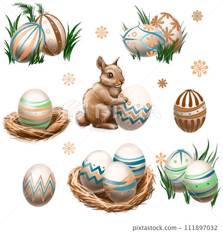 A set of Easter eggs with a hare. Spring holiday with a bunny. A rabbit with a colored Easter egg. 111897032