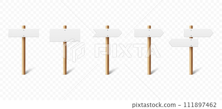 Vector 3D Wooden Sign Post Set. Realistic Blank Signboard on Road, Plywood Pointer, Timber, Wood Texture. Signpost for Pointing Direction, Isolated. Navigation Design Elements, Directional Concepts Vector 3D Wooden Sign Post Set. Realistic Blank Signboard on Road, Plywood Pointer, Timber, Wood Texture. Signpost for Pointing Direction, Isolated. Navigation Design Elements, Directional Concepts 111897462