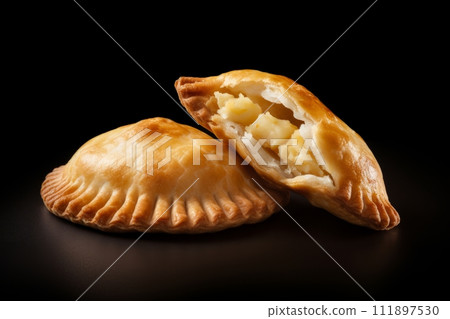 Traditional Argentine empanadas with cheese and chicken on black background Traditional Argentine empanadas with cheese and chicken on black background 111897530