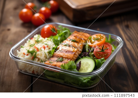 Lunch box container with grilled salmon fish fillet, rice, tomato and salad on wooden table Lunch box container with grilled salmon fish fillet, rice, tomato and salad on wooden table 111897543