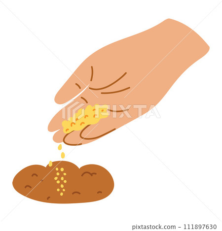 Hand drawn hand planting seeds in the ground. Flat cartoon illustration of gardening, agriculture 111897630