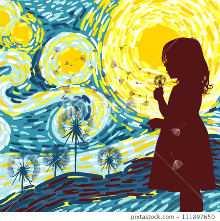 A girl blows a dandelion. hand drawing. Not AI, Vector illustration 111897650
