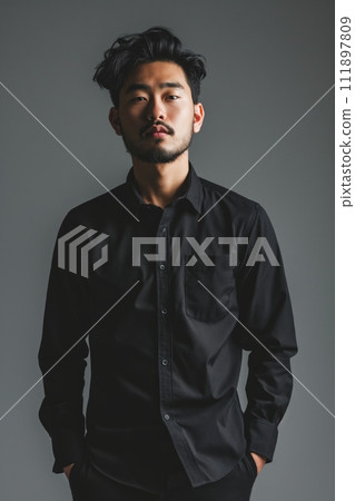 Young hadsome serious bearded Korean man wears black shirt and stands against grey background 111897809