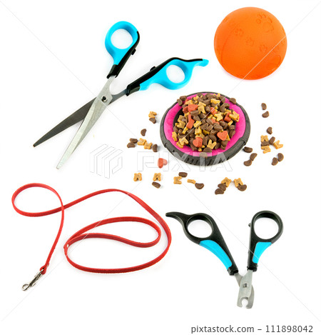 Dry food, Scissors and leash for pet on isolated white background. Dry food, Scissors and leash for pet on isolated white background. 111898042