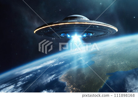 Image of a UFO approaching the earth 111898168