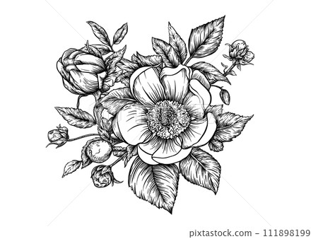 Boutonniere of wild rose flowers and berries 111898199