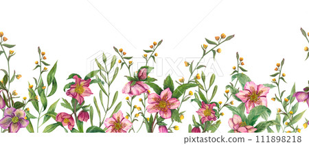 Hellebores among wild yellow flowers. Seamless border with spring flowers and green plants. Flower, leaf. Watercolor floral illustration . Modern realistic composition. For decor, textile 111898218