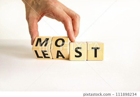 Most or least symbol. Businessman turns beautiful wooden cubes and changes the word Least to Most. Beautiful white table white background. Copy space. Business and most or least concept. Most or least symbol. Businessman turns beautiful wooden cubes and changes the word Least to Most. Beautiful white table white background. Copy space. Business and most or least concept. 111898234