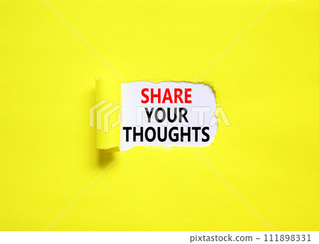 Share your thoughts symbol. Concept words Share your thoughts on beautiful white paper. Beautiful yellow paper background. Business share your thoughts concept. Copy space. Share your thoughts symbol. Concept words Share your thoughts on beautiful white paper. Beautiful yellow paper background. Business share your thoughts concept. Copy space. 111898331