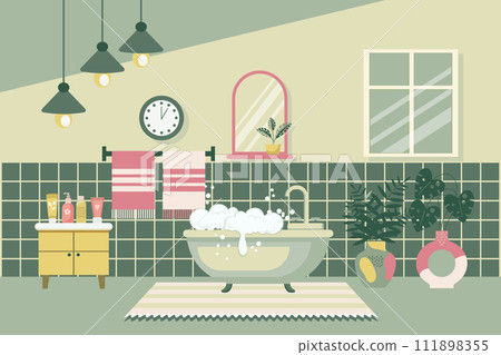 Cozy bathroom. Bathroom interior with bathroom furniture, bathtub, washbasin, towels, mirror, window, house plants. Flat illustration. Vector 111898355