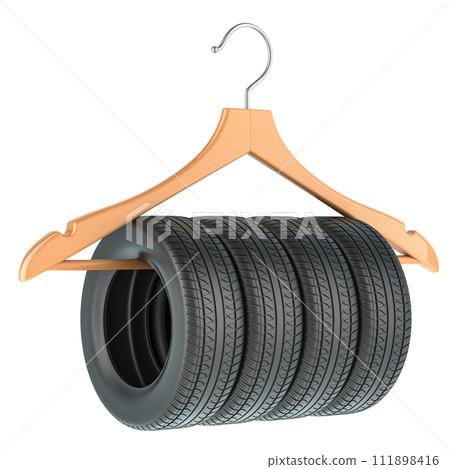 Seasonal Tire Storage, concept. Wooden hanger with car tyres, 3D rendering 111898416