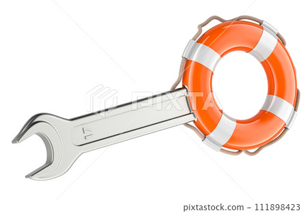 Wrench with lifebelt, 3D rendering Wrench with lifebelt, 3D rendering 111898423