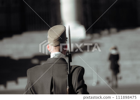 Hungarian honor guard standing in front of the Hungarian Parliament building. Budapest, Hungary 111898475