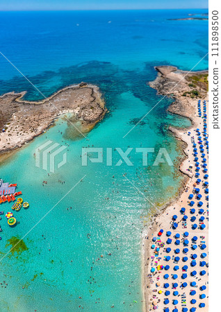 Nissi beach in Ayia Napa, aerial photo of most famous beach in Cyprus 111898500