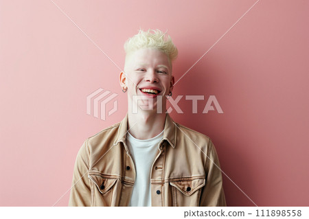Happy Authentic handsome man with fair skin and white hair on a pink background 111898558