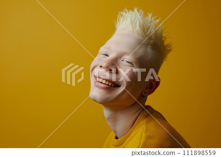 Happy Authentic handsome man with fair skin and white hair on a yellow background 111898559