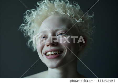 Authentic beautiful woman with fair skin and white hair on a gray background Authentic beautiful woman with fair skin and white hair on a gray background 111898561