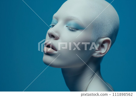 Authentic beautiful woman fashion model with blue eyeshadow. Creative bright summer eye makeup Authentic beautiful woman fashion model with blue eyeshadow. Creative bright summer eye makeup 111898562