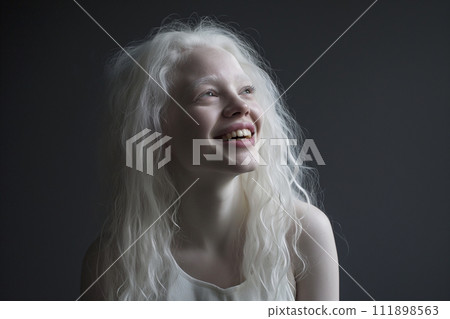 Authentic beautiful woman with fair skin and white hair on a gray background 111898563