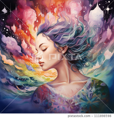 AI-generated content. In close-up, a girl meditates with closed eyes and flowing hair against a cosmic backdrop with nebulae and swirls of energy. A serene scene capturing the beauty of meditation AI-generated content. In close-up, a girl meditates with closed eyes and flowing hair against a cosmic backdrop with nebulae and swirls of energy. A serene scene capturing the beauty of meditation 111898598
