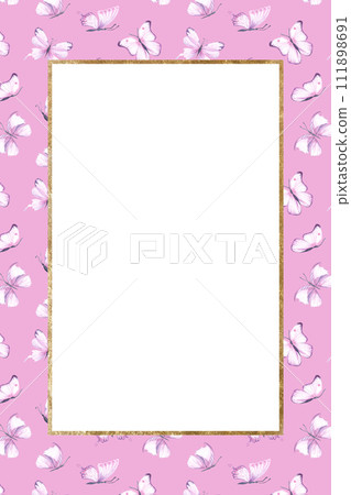 greeting card with pink violet spring and butterflies for your design. watercolor painting hand drawn on pink background. Rectangle design, invitation 111898691