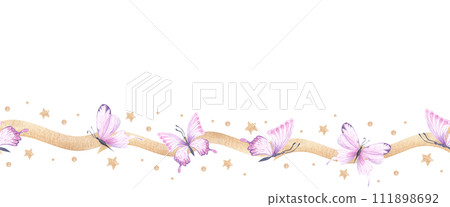 Watercolor seamless border. PInk, beige golden ribbons, butterfly, golden line elements. Hand drawn isolated on white background. For cards, design, 111898692