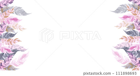 Horizontal banner with watercolor Ethnic pink tribal feathers for your business. Hand drawn illustration isolated on white 111898693