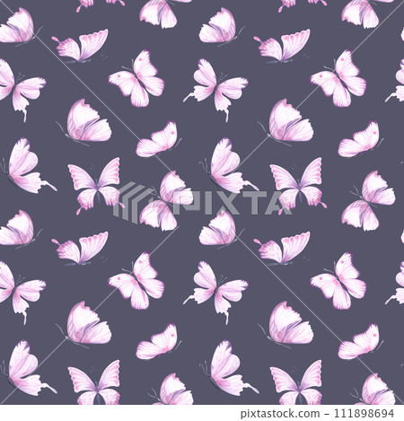 Seamless pattern with pink bright watercolor butterflies on white backdrop. Hand drawn insects design ideal for fabric textile or scrapbooking, paper. Dark violet, purple 111898694