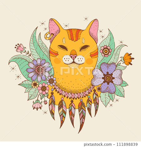 Hippie cat art. Retro print of cute cat with flowers. Boho poster with kitty on floral background. Funny kitten with feathers and leaves, vector hand drawn illustration in vintage groovy style 111898839