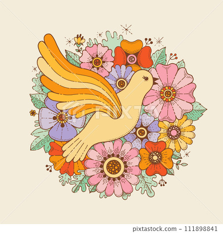 Retro sticker with dove and flowers. Vintage groovy print with flying bird, floral pattern. Symbol of peace and hope in hippie 70s style, vector hand drawn peace dove illustration. Hippie art 111898841