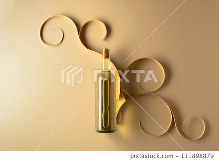 Bottle of white wine on a beige background. 111898879
