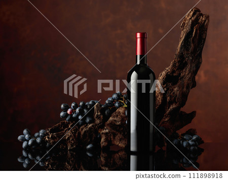 Bottle of red wine with an old snag and blue grapes. 111898918