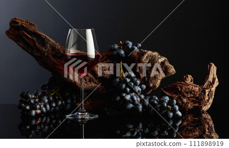 Glass of red wine with an old snag and blue grapes. 111898919