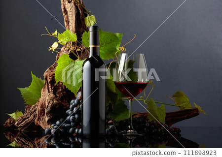 Glass and bottle of red wine with blue grapes and vine branches. 111898923