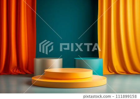 3d rendering of minimal geometric forms. Blue and orange podiums for product presentation. Fashion show stage 3d rendering of minimal geometric forms. Blue and orange podiums for product presentation. Fashion show stage 111899158