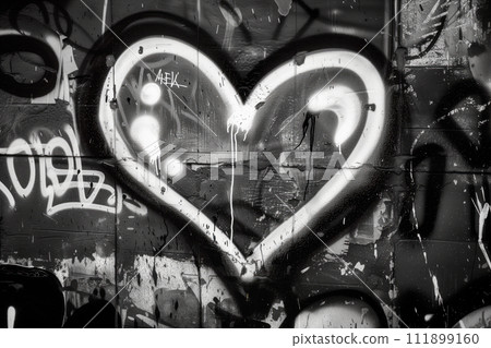 This black and white graffiti heart with spray texture. Vibrant graffiti artwork on a wall This black and white graffiti heart with spray texture. Vibrant graffiti artwork on a wall 111899160