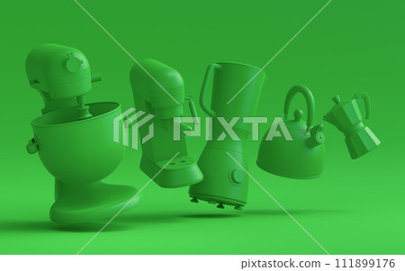 Electric kitchen appliances and utensils for making culinary on green monochrome Electric kitchen appliances and utensils for making culinary on green monochrome 111899176