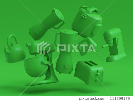 Electric kitchen appliances and utensils for making culinary on green monochrome Electric kitchen appliances and utensils for making culinary on green monochrome 111899179